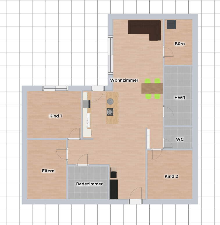Floor plan of a house: living room, kitchen, office, utility room, WC, bathroom, master bedroom, and children’s room.