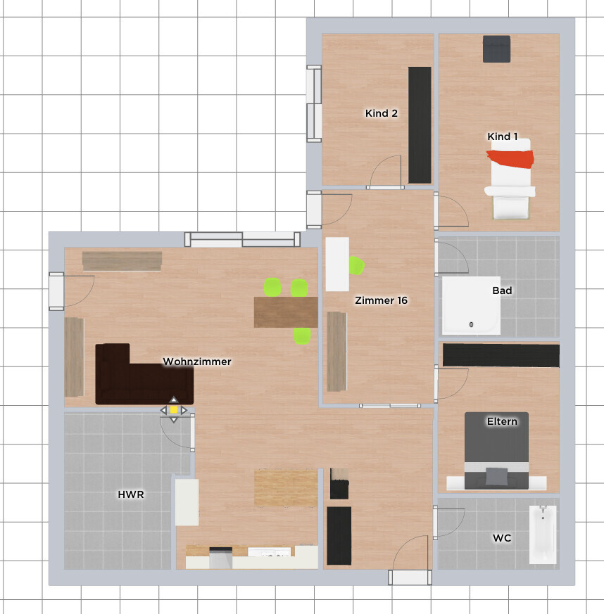 Floor plan of a house with living room, kitchen, utility room, room 16, child 1, child 2, master bedroom, bathroom, WC