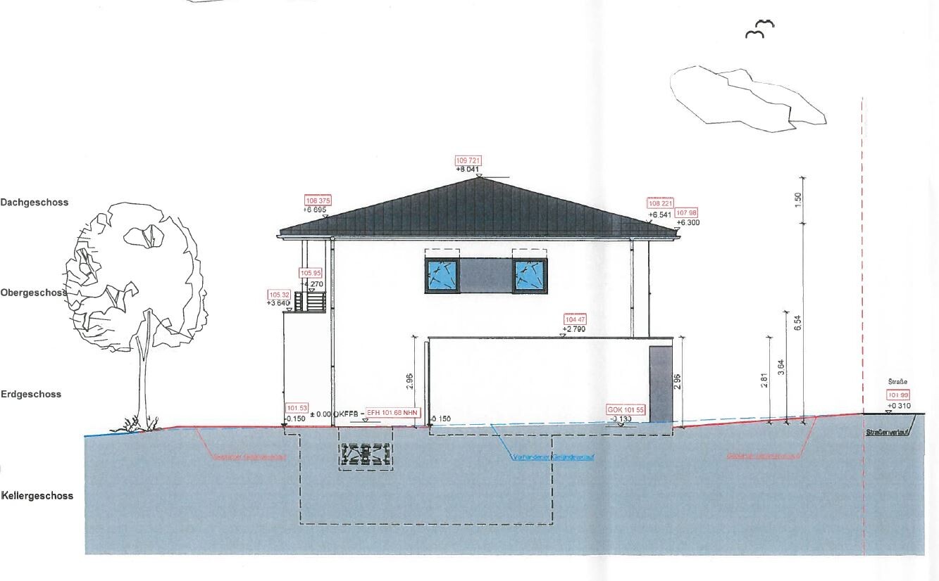 Architectural drawing: house with basement, ground floor, and upper floor, attic; tree on the left.