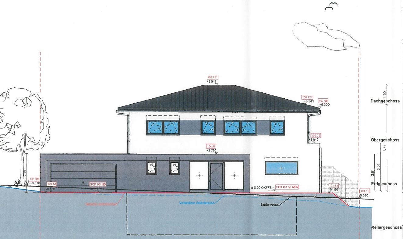 Modern house view: garage on the left, entrance area and row of windows under the roof.