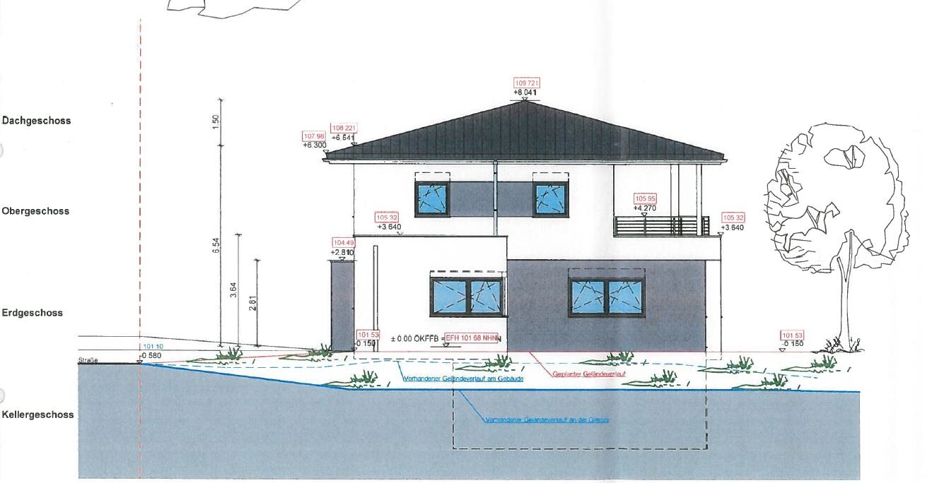 Architect’s drawing of a modern two-story house with hip roof, balcony, and tree on the right.