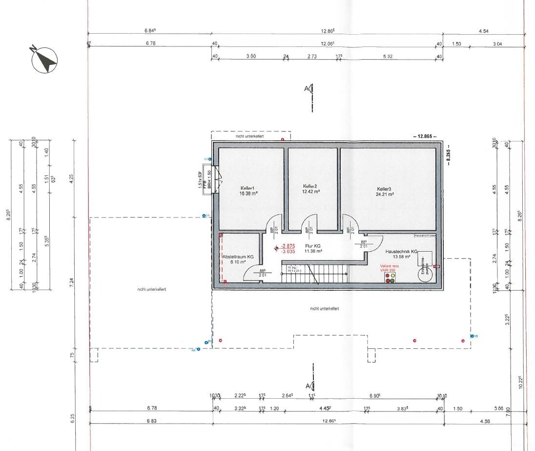 Basement floor plan: three basement rooms, basement hallway, basement storage room, basement building services, dimensions.