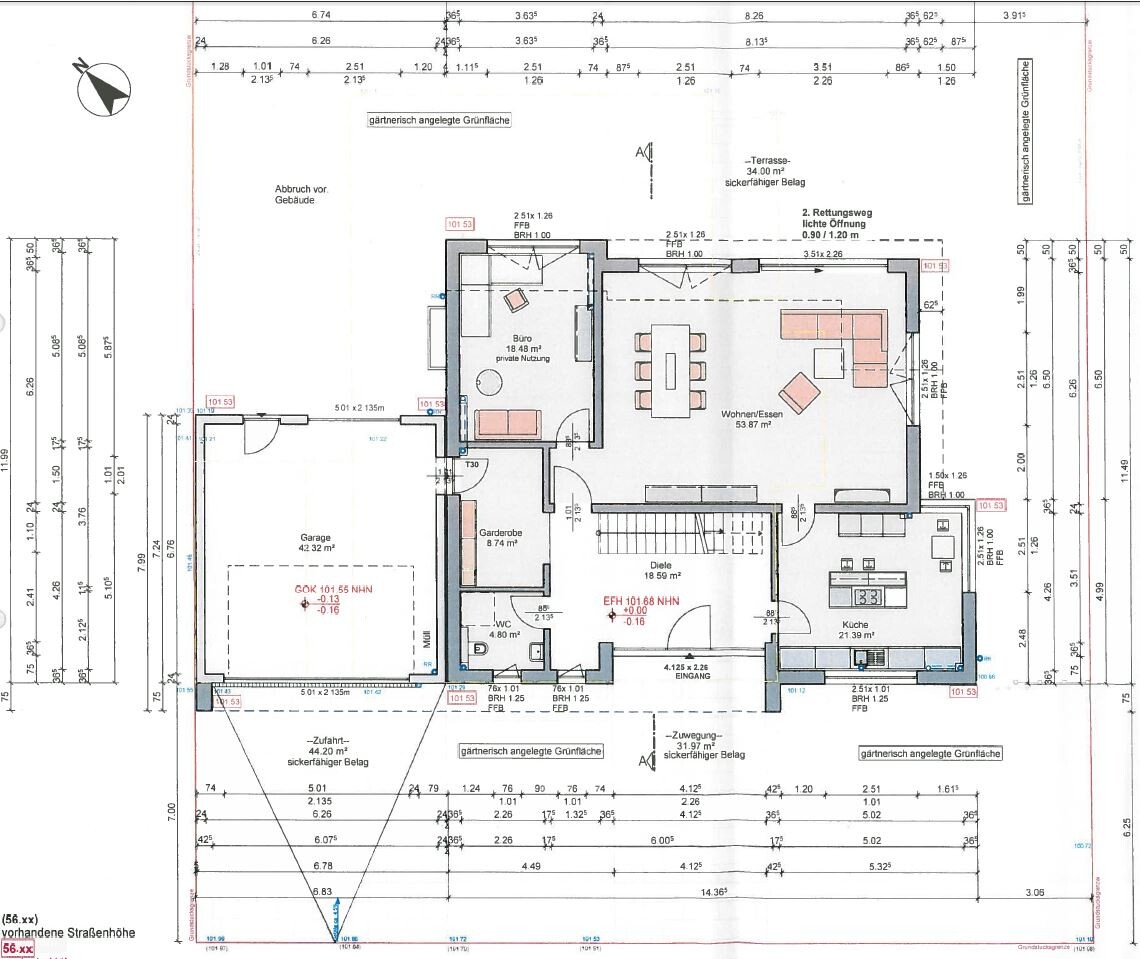 Floor plan of a house with garage, office, cloakroom, hallway, kitchen, living/dining area, and toilet.