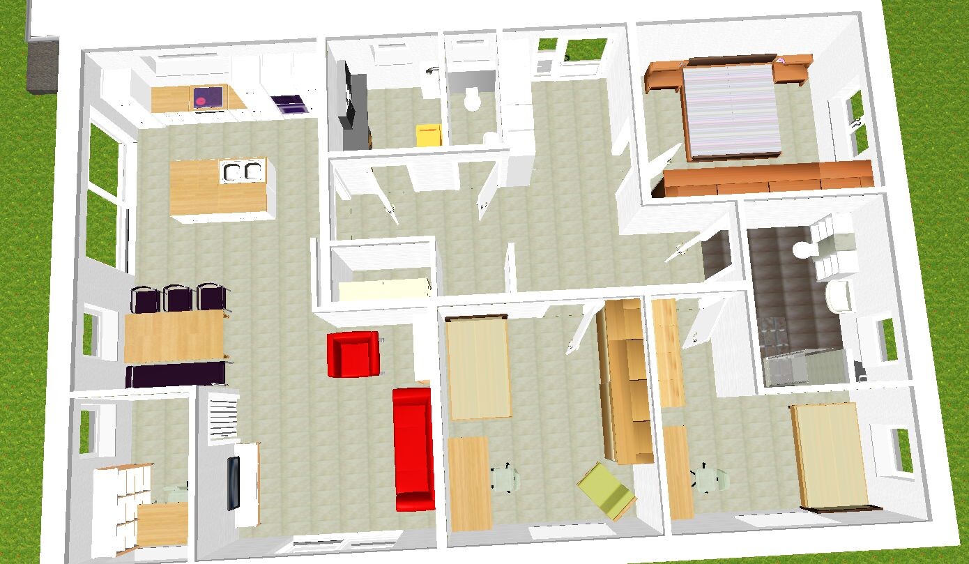 Grundriss eines Hauses von oben: Küche mit Insel, Essbereich, Wohnzimmer, Schlafzimmer, Bad.