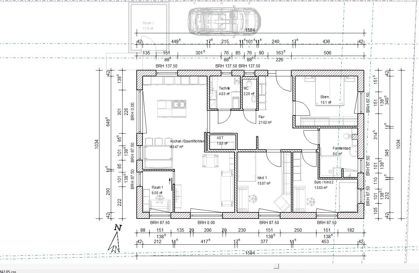 Floor plan of a single-family house with kitchen, living area, master and children’s rooms, technical room.