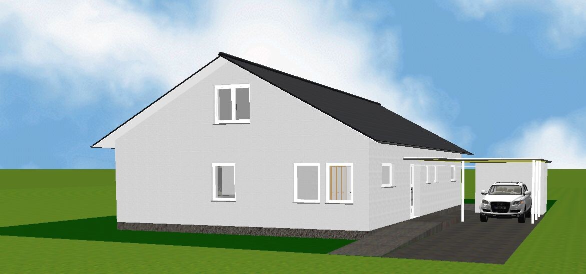 Modernes weißes Einfamilienhaus mit grauem Putz, Carport und geparktes Auto.