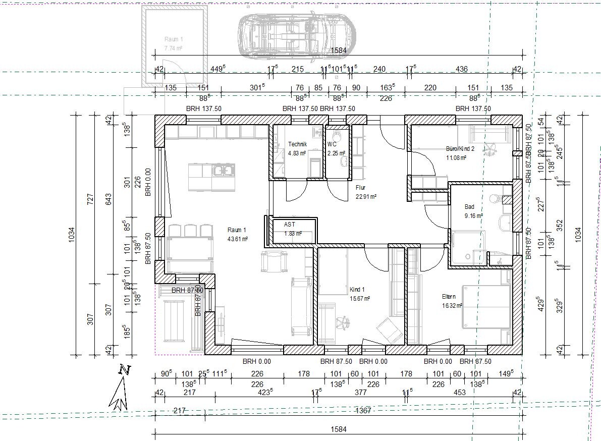Grundriss eines Hauses mit Eltern, Kind 1, Kind 2/Büro, Küche, Flur, Bad, Technik.