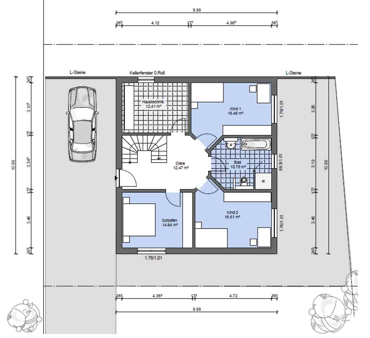 Detailed house floor plan with garage, hallway, bathroom, bedroom, and children's room