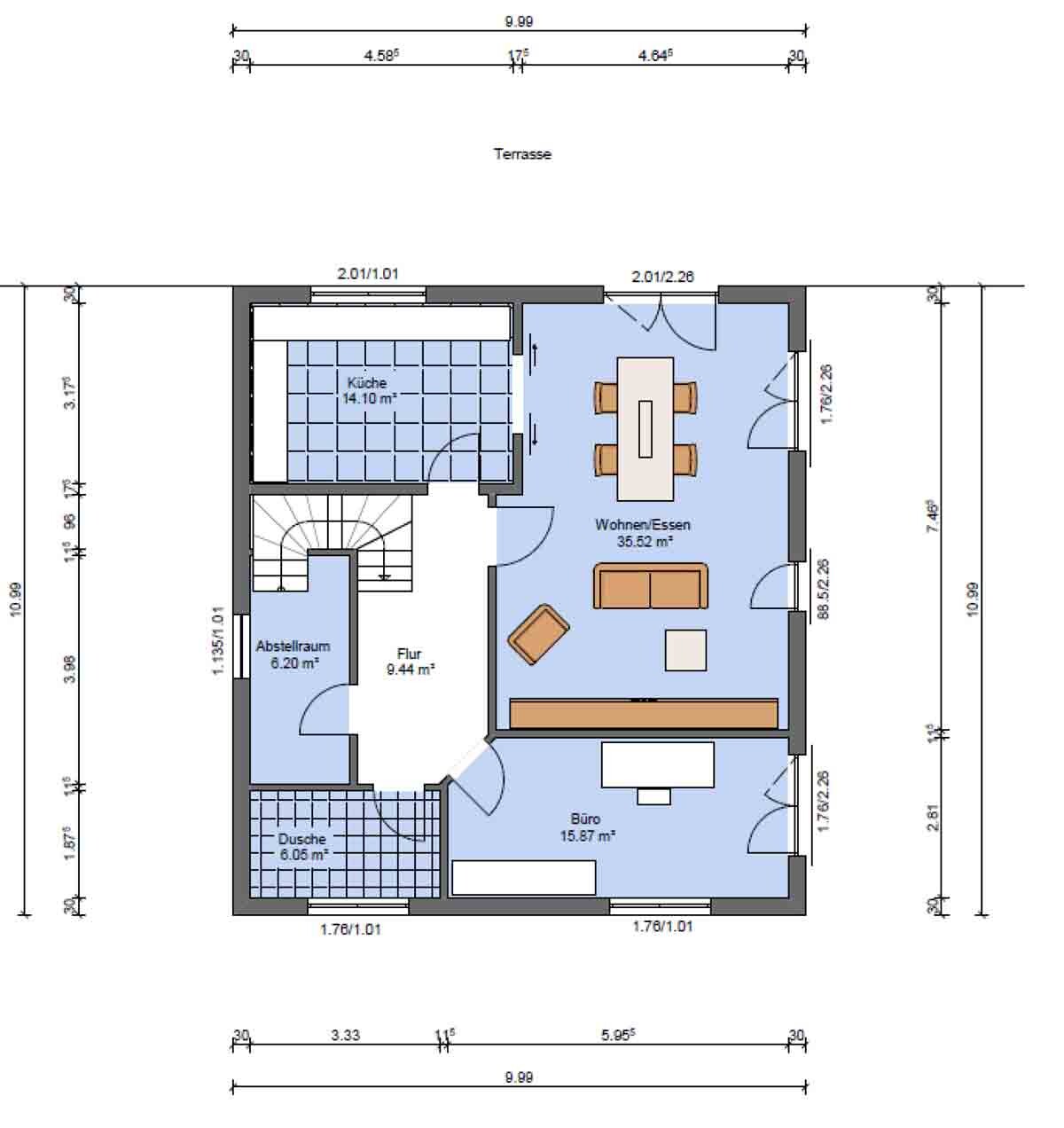 House floor plan with kitchen, living room, office, storage room, and shower