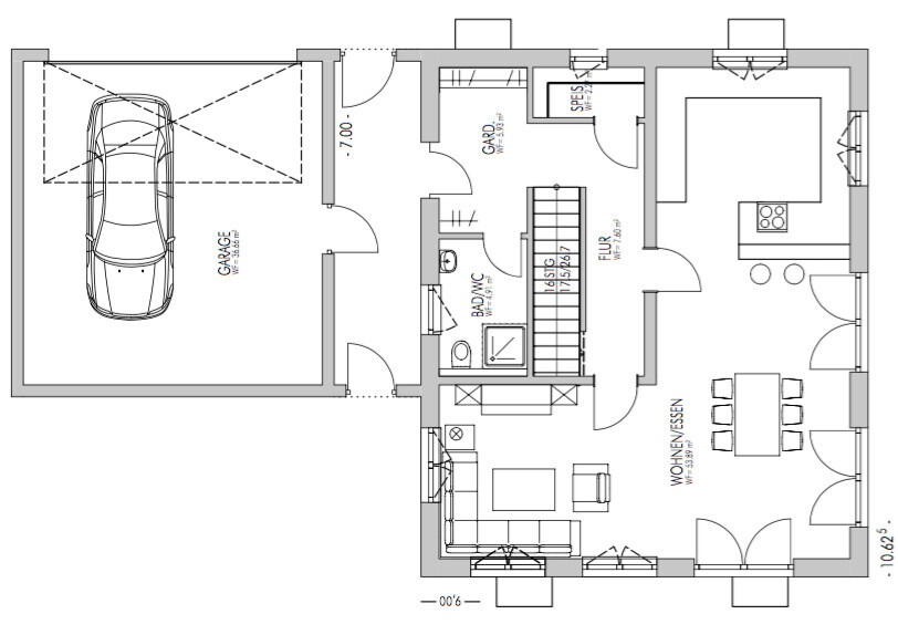 Grundrissplan eines Hauses mit Garage, Wohnzimmer, Küche und Essbereich