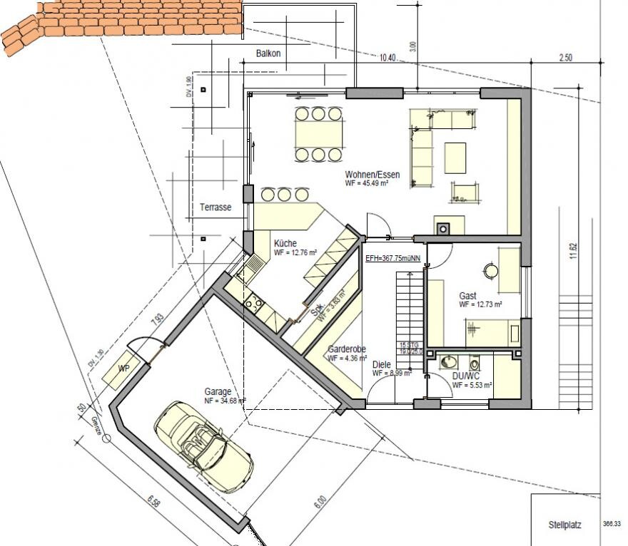 Floor plan of a single-family house with kitchen, living area, guest room, bathroom, garage, and terrace.