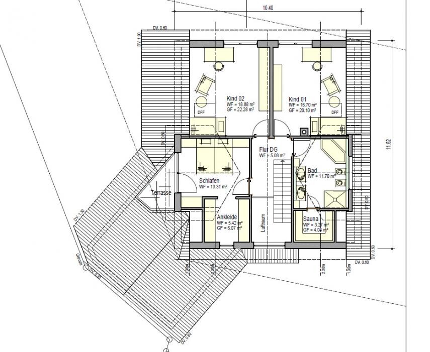 Upper floor plan with bedrooms, bathroom, sauna and terrace