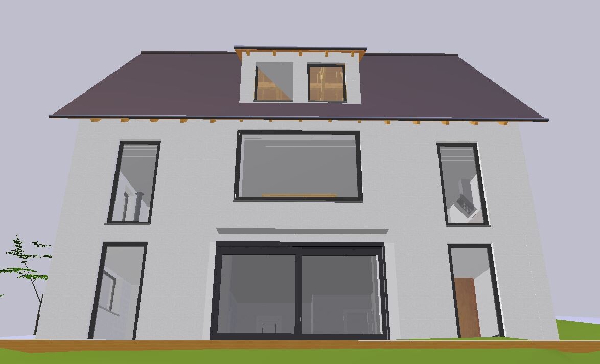 Modern two-storey house with large glass facade, side windows, and dormer.