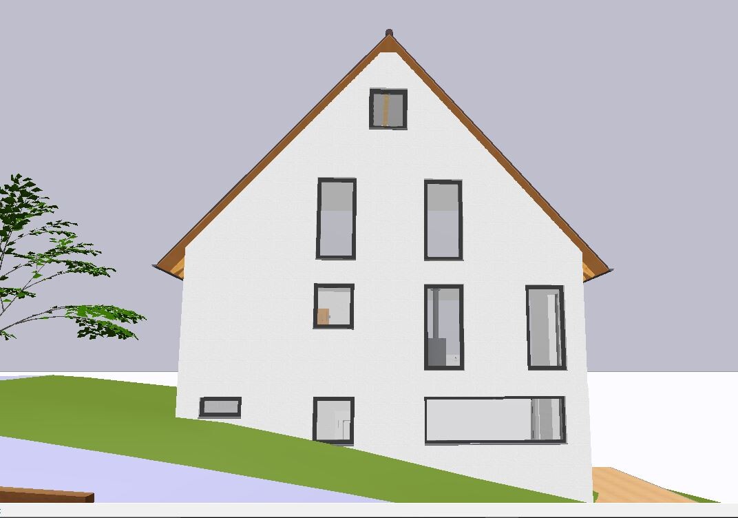 White single-family house with steep roof, several rectangular windows, tree on the left and green slope.