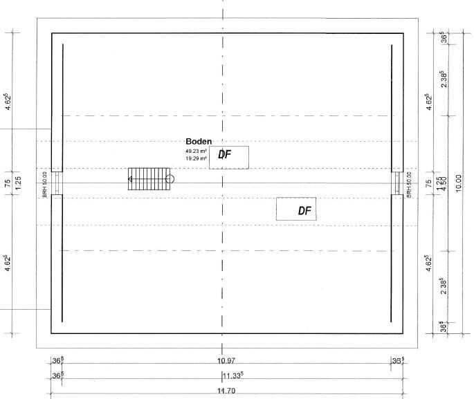 Floor plan of a square room with staircase on the left, floor and roof window labels, dimension lines.