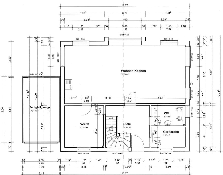 Floor plan of a house: open living-kitchen, pantry, hallway, stairs, WC, cloakroom, garage