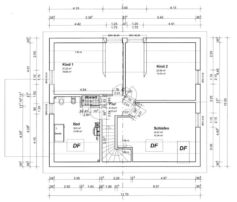 Floor plan of a house with two children’s rooms, bedroom, bathroom and corridor.