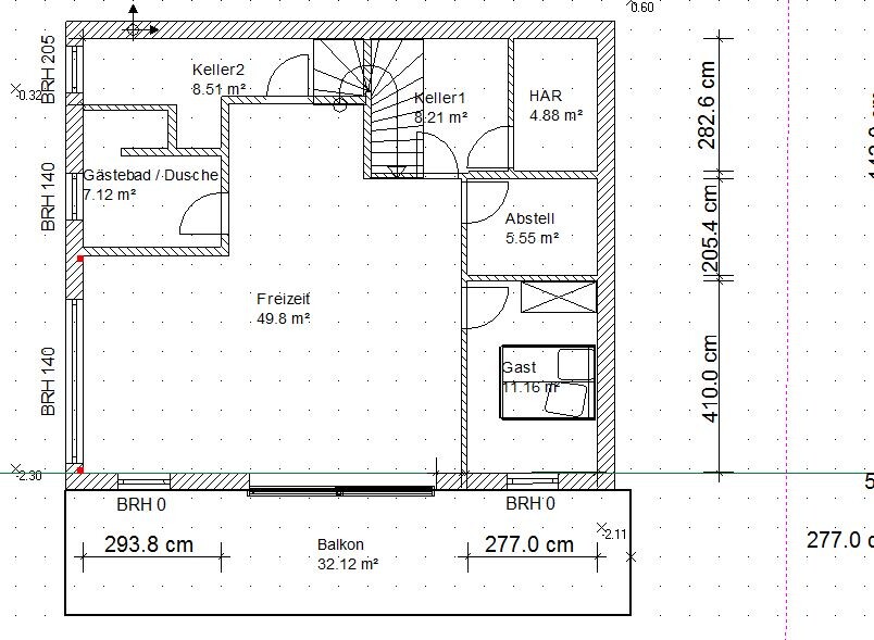 Floor plan of a house with a recreation room, guest room, bathroom, technical room, storage, balcony.