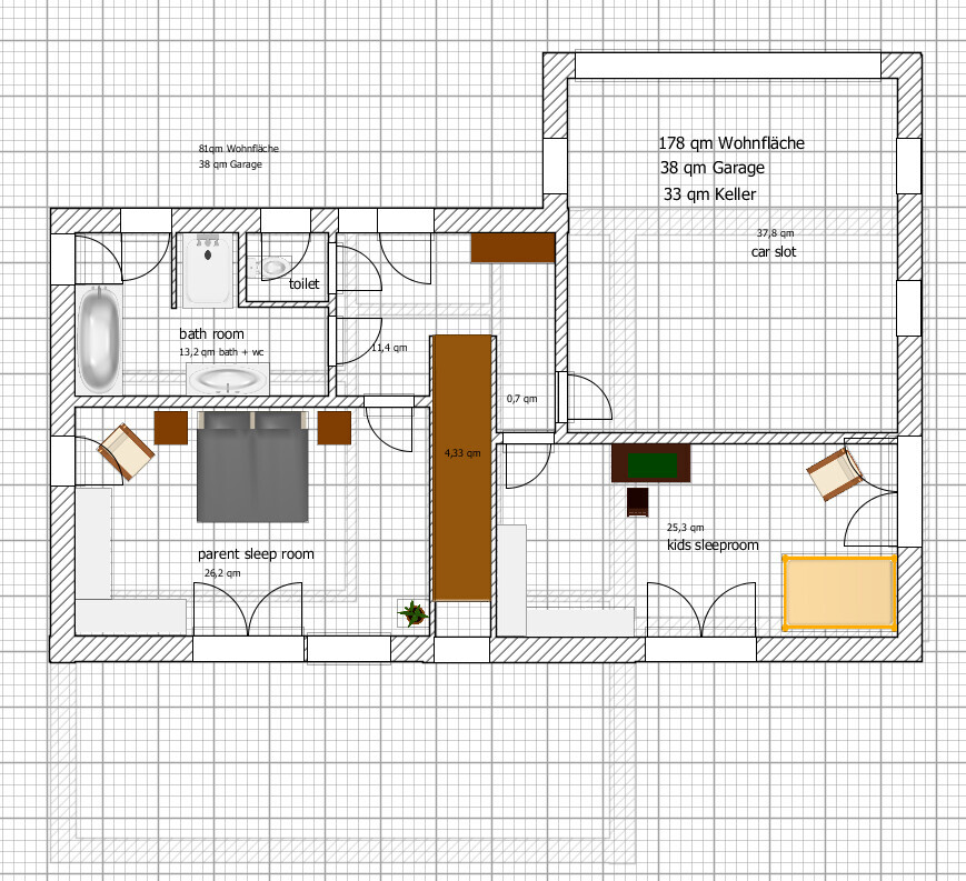 2D floor plan of a house with bedroom, children’s room, bathroom, kitchen, living room, and garage.