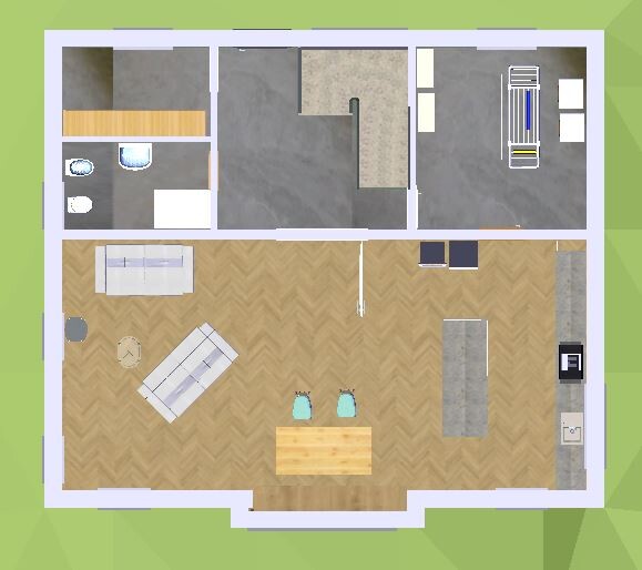 Grundriss: offener Wohnbereich mit Sofa, Esstisch, Küche; obere Räume mit Bad und Schlafzimmer.