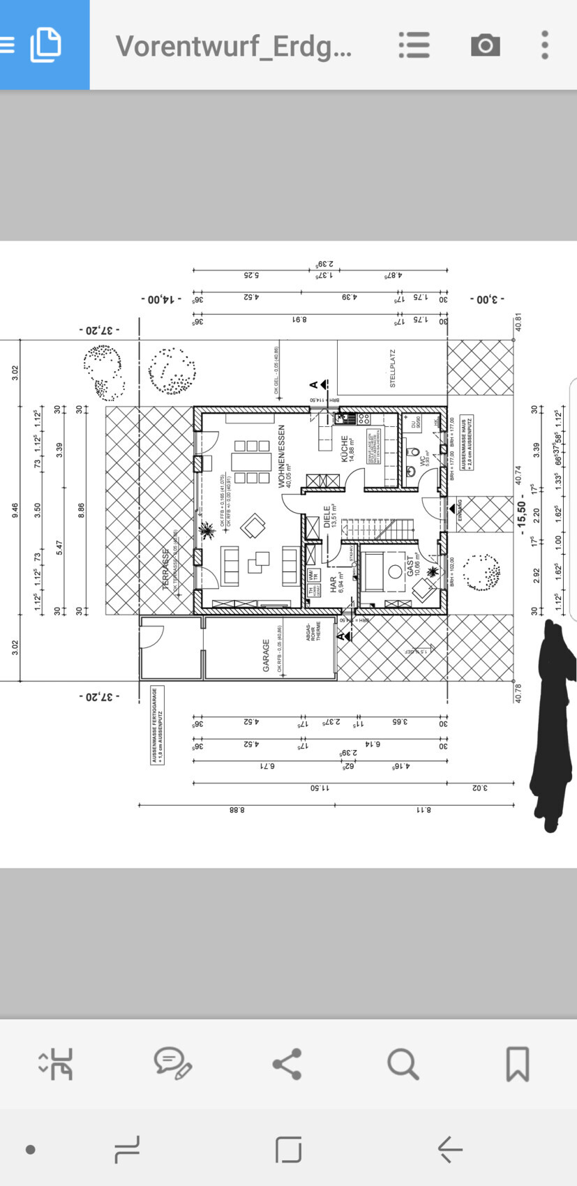 2D floor plan of a house with living room, kitchen, bathroom, and garage in preliminary design