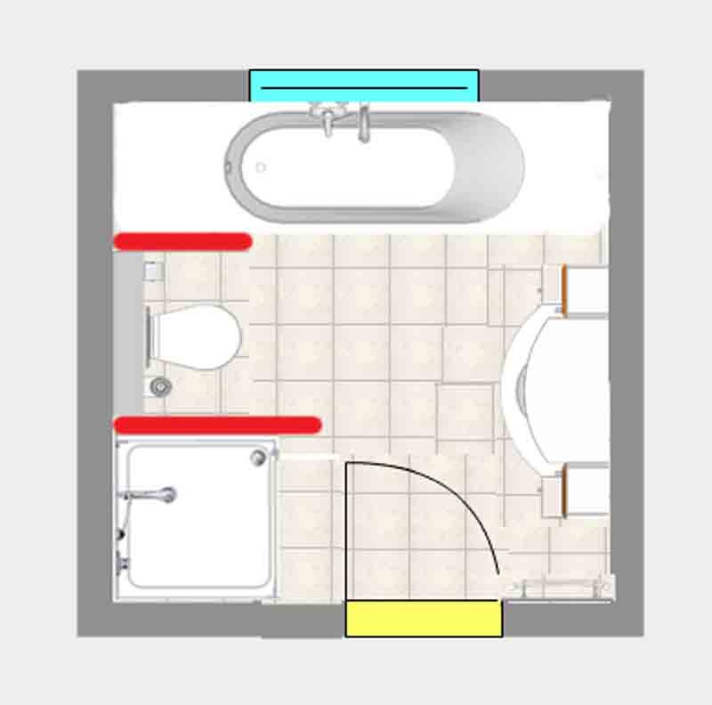 Floor plan of a bathroom with bathtub, toilet, and sink, door