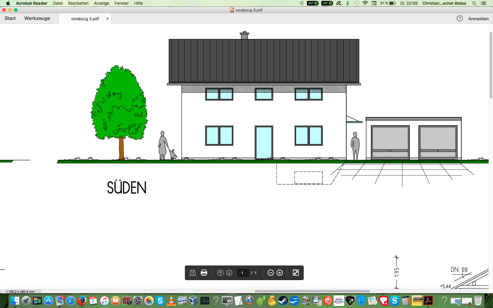 Front view of a house with garage, tree, and garden (south)