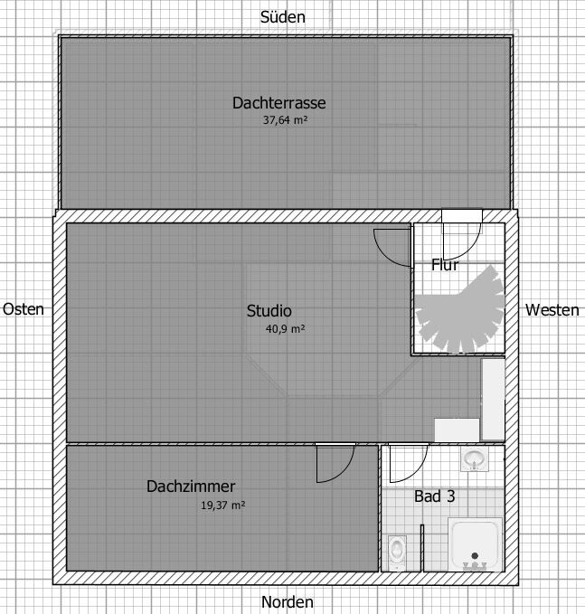 Attic floor plan with studio, roof terrace, roof room and bathroom