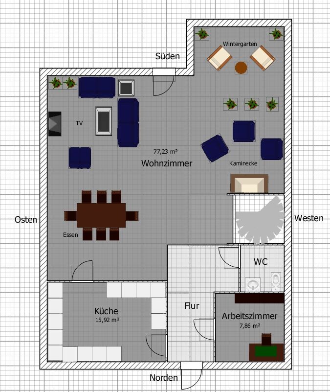 Floor plan: living room, kitchen, dining area and conservatory