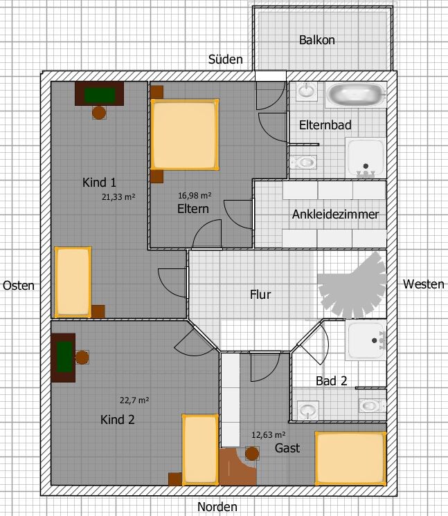 2D family house floor plan with master, child and guest rooms, hallway, bathroom and balcony