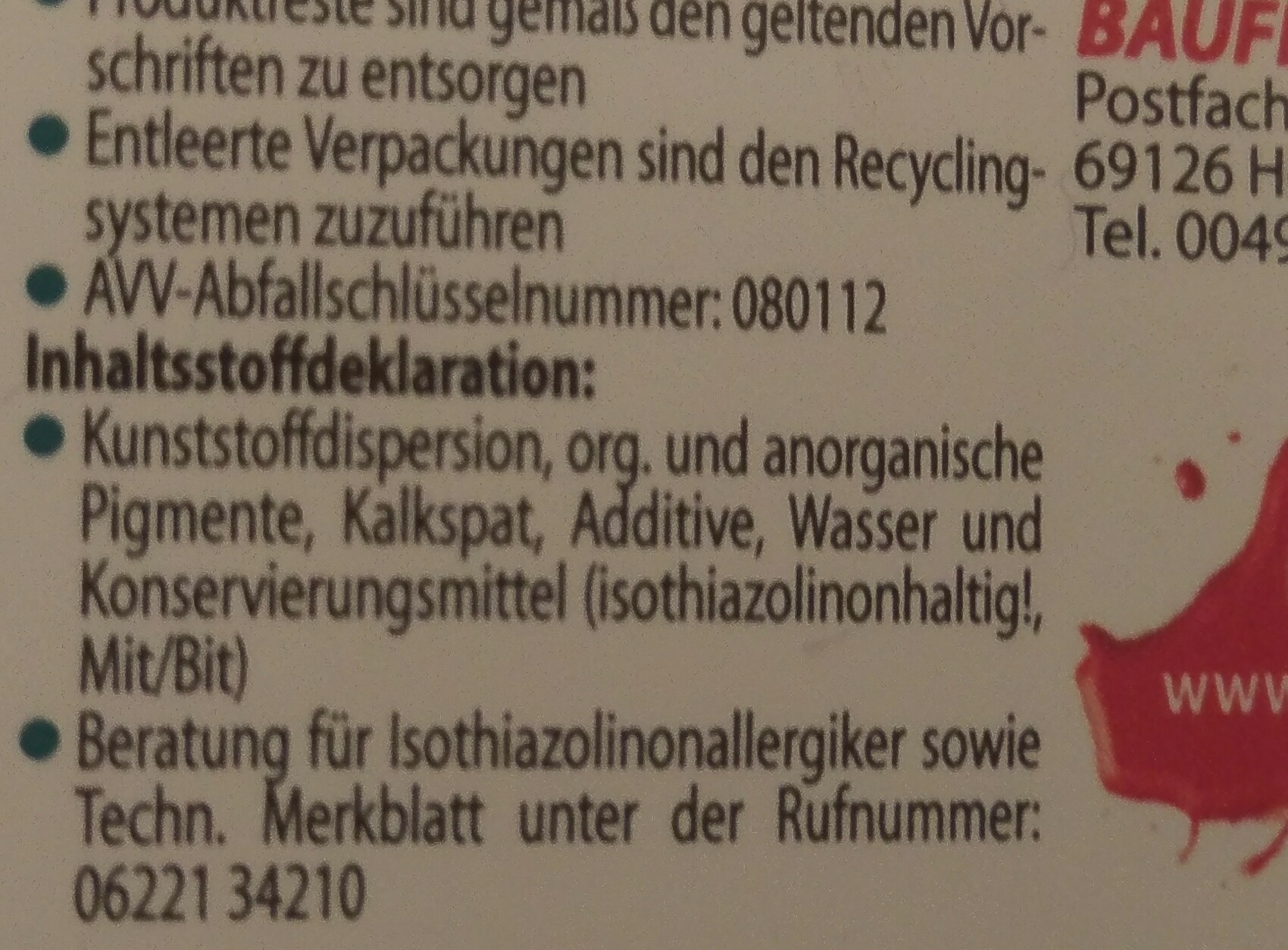 Close-up of a product label with ingredients in German language.