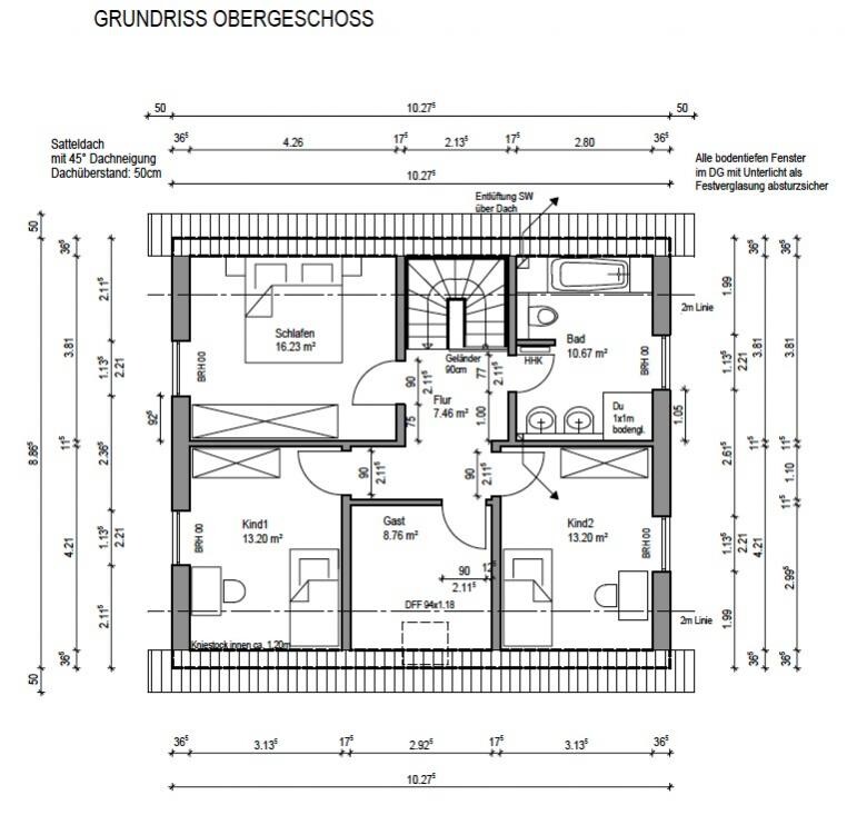 First floor plan of a house with bedroom, guest room, two children’s rooms, hallway, and bathroom