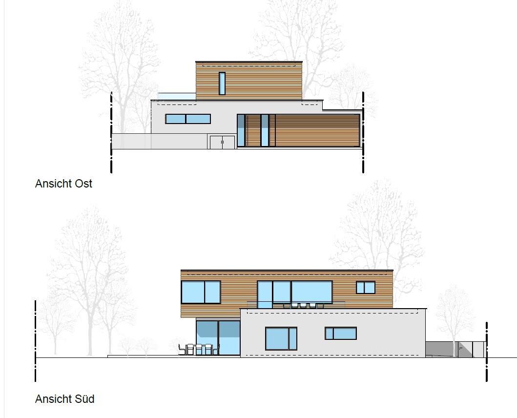 Modern villa with wooden facade, east and south views, large windows, terrace.