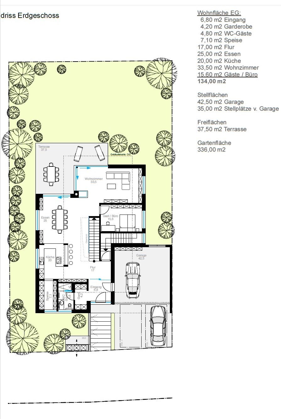 Ground floor plan: living room, dining, kitchen, guest/office, garage, terrace, garden.