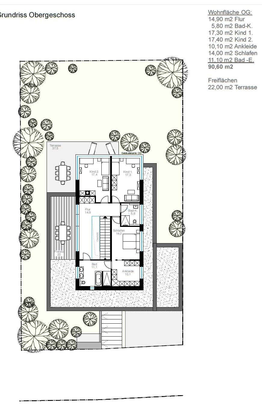 Upper floor plan: bedroom, walk-in closet, bathroom, child 1, child 2, hallway, terrace, garden.