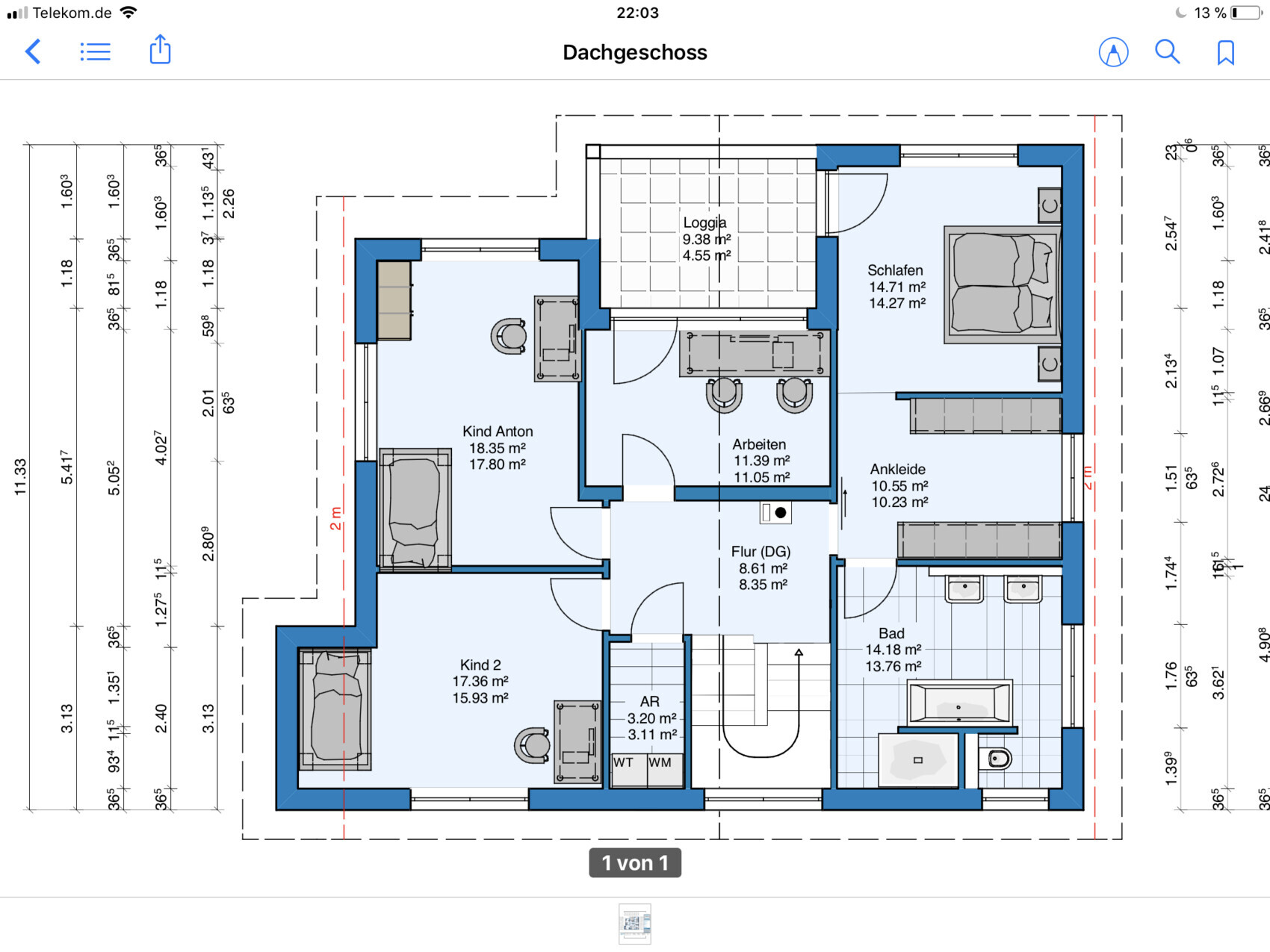 Dachgeschoss Grundriss mit Schlafzimmer, Kinderzimmern, Arbeitszimmer, Loggia und Bad.