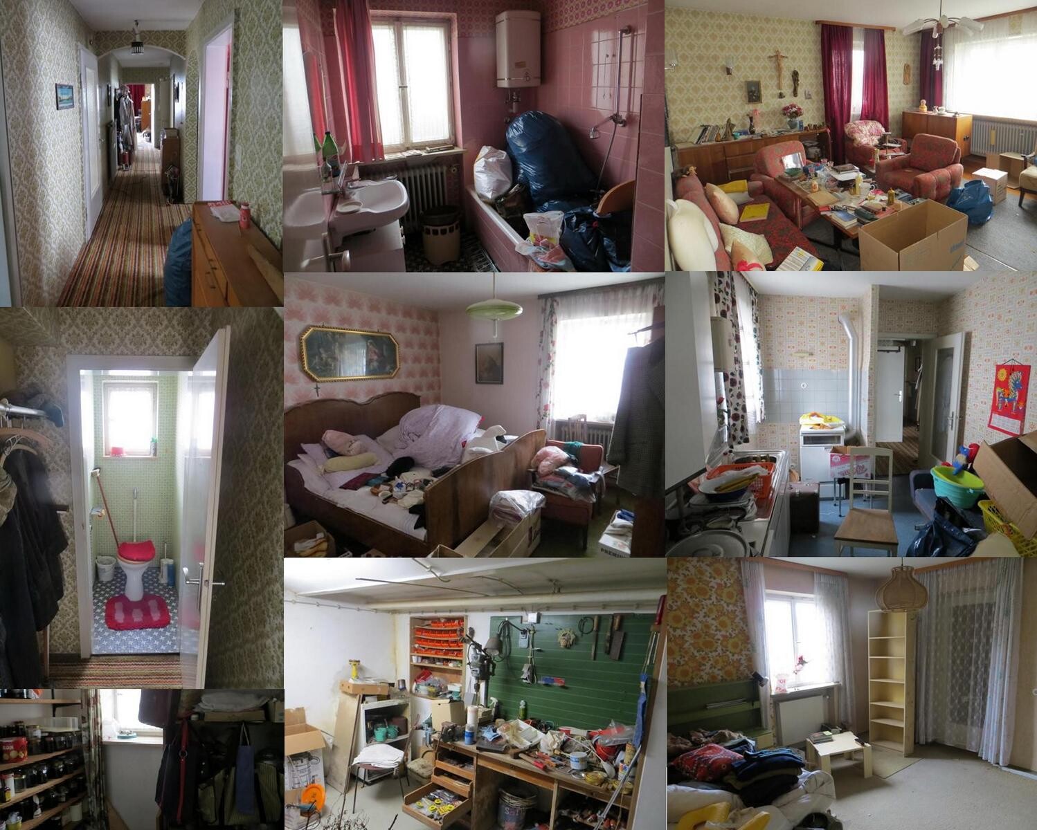 Collage of a messy apartment: several rooms full of clutter, furniture, and items.