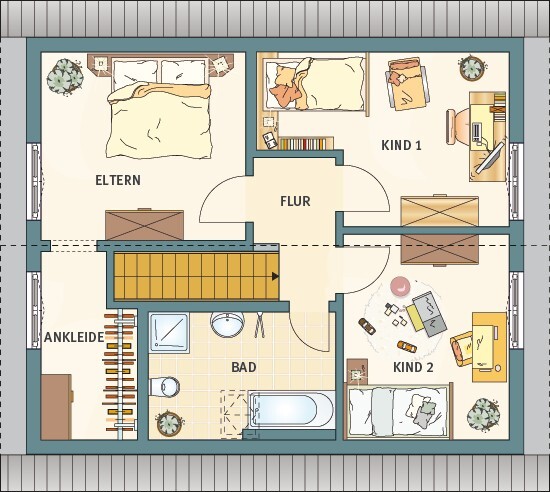 Floor plan of an upper floor with master bedroom, two children’s rooms, bathroom, hallway, and dressing room