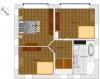 2D floor plan of a house with living room, hallway, kitchen, and bathroom