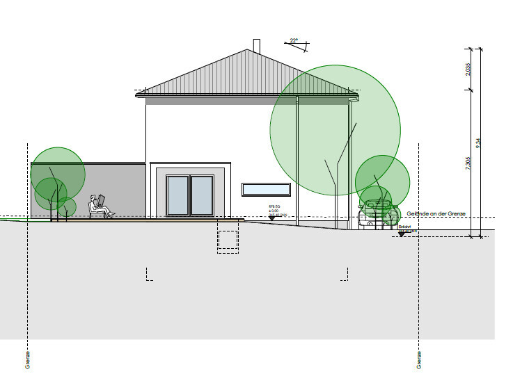 Architektur-Elevationszeichnung eines Hauses mit Dach, Fenstern und Bäumen