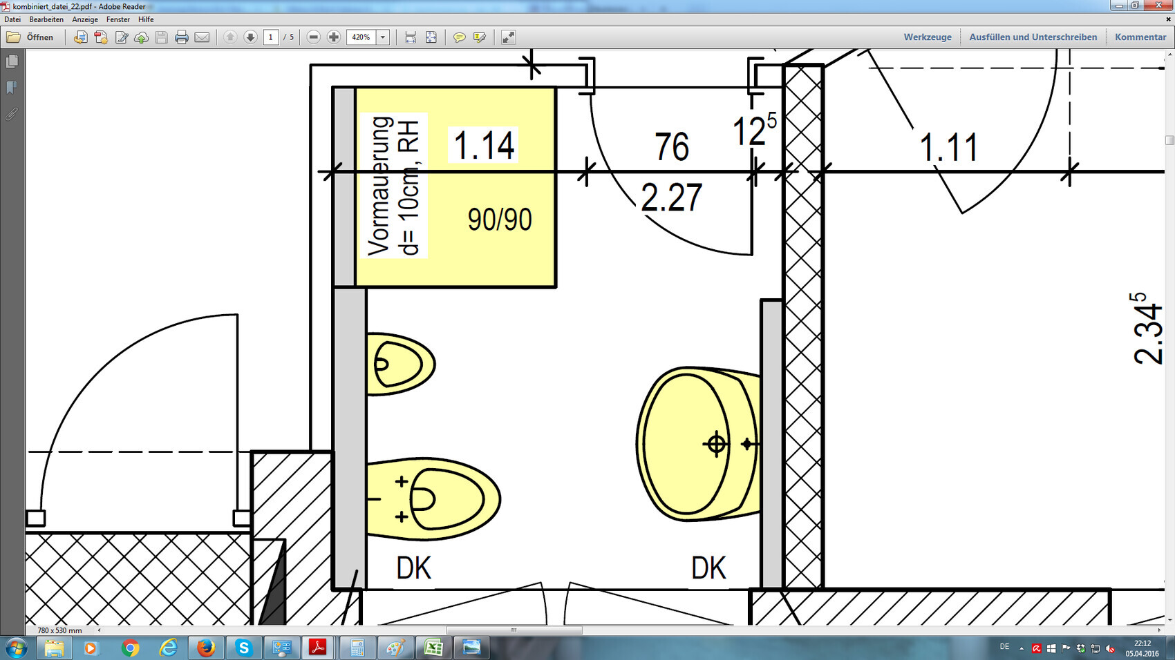 Bathroom floor plan with toilet and washbasin in architectural drawing