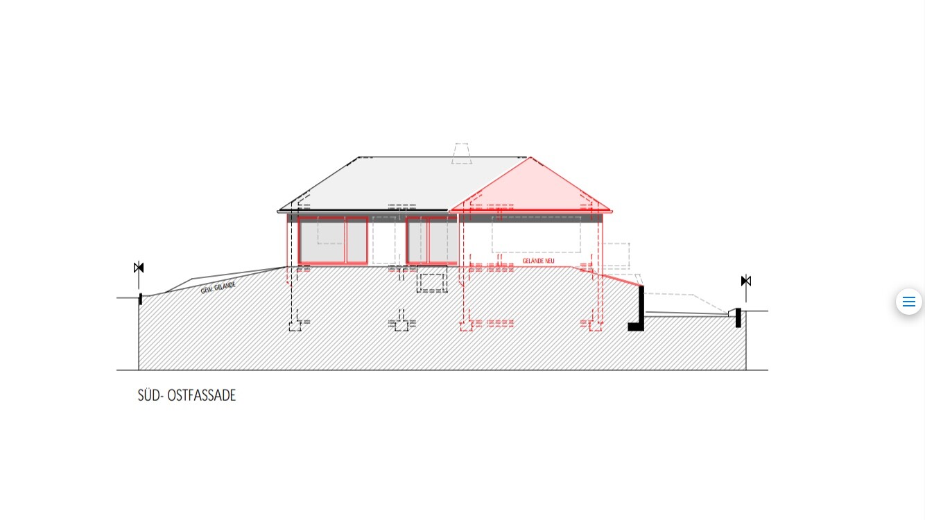 Südostfassade eines Hauses in architektonischer Planzeichnung mit Geländeverlauf und Fenstern