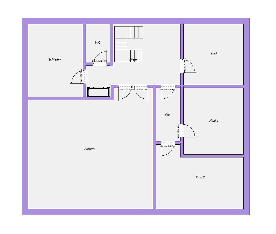 Grundriss eines Hauses mit Schlafzimmer, Allraum, Bad, Flur und Treppe