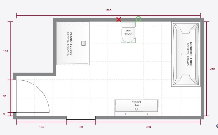 Floor plan of a room from above: door on the left side, toilet at the top, bed on the left, large piece of furniture on the right.