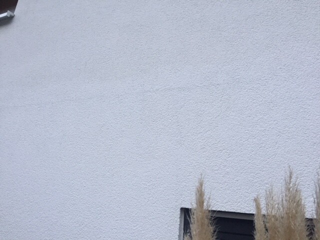 White coarsely textured plaster facade of an exterior wall with grass tufts in the foreground