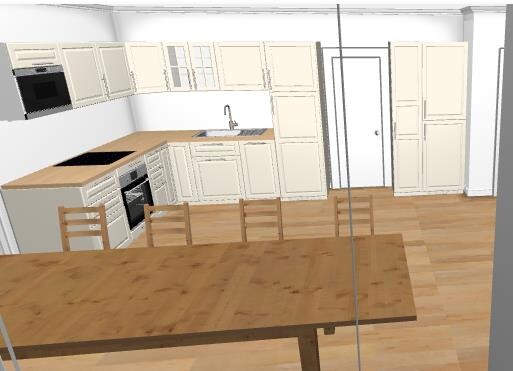 3D kitchen with beige cabinets, wood floor and dining table in dining area