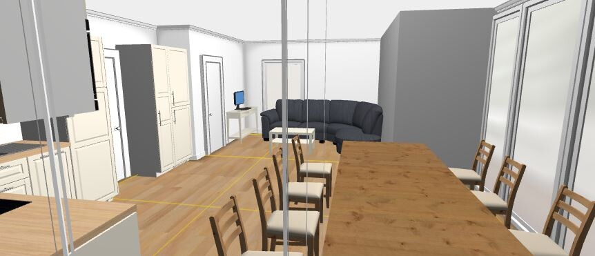 3D view of an open kitchen and dining area with a long wooden table and chairs