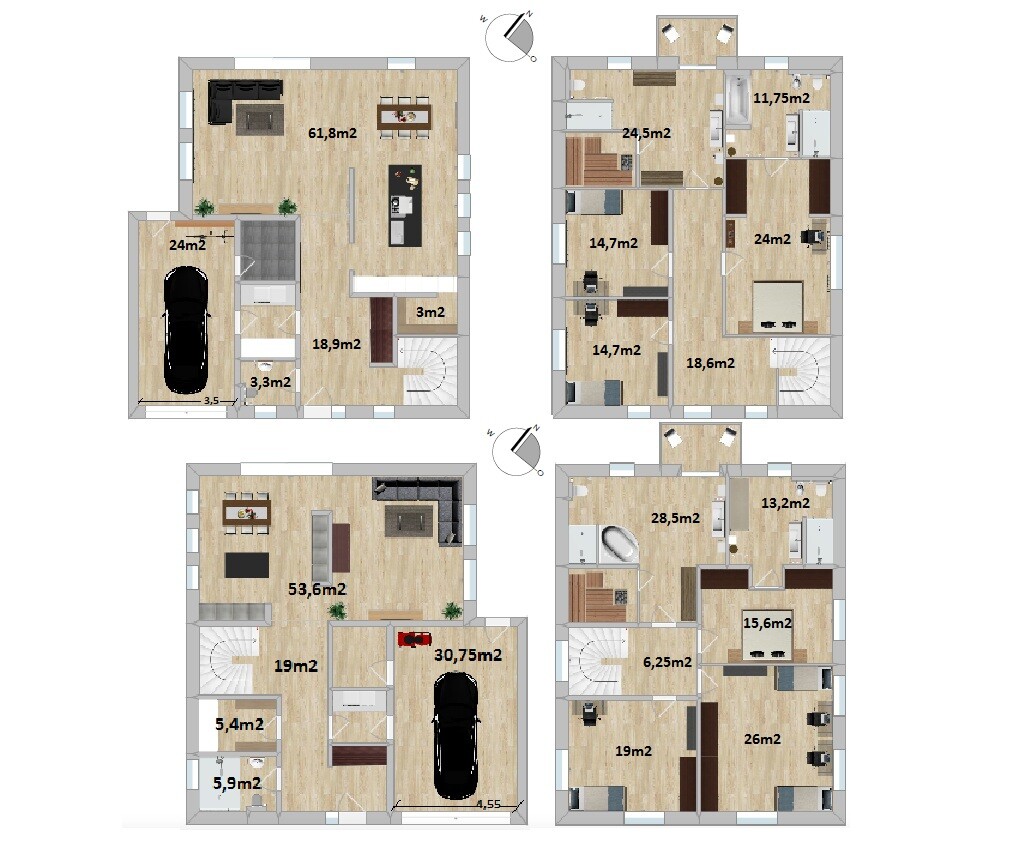 Four-part floor plan of a house with garage, stairs, and many rooms