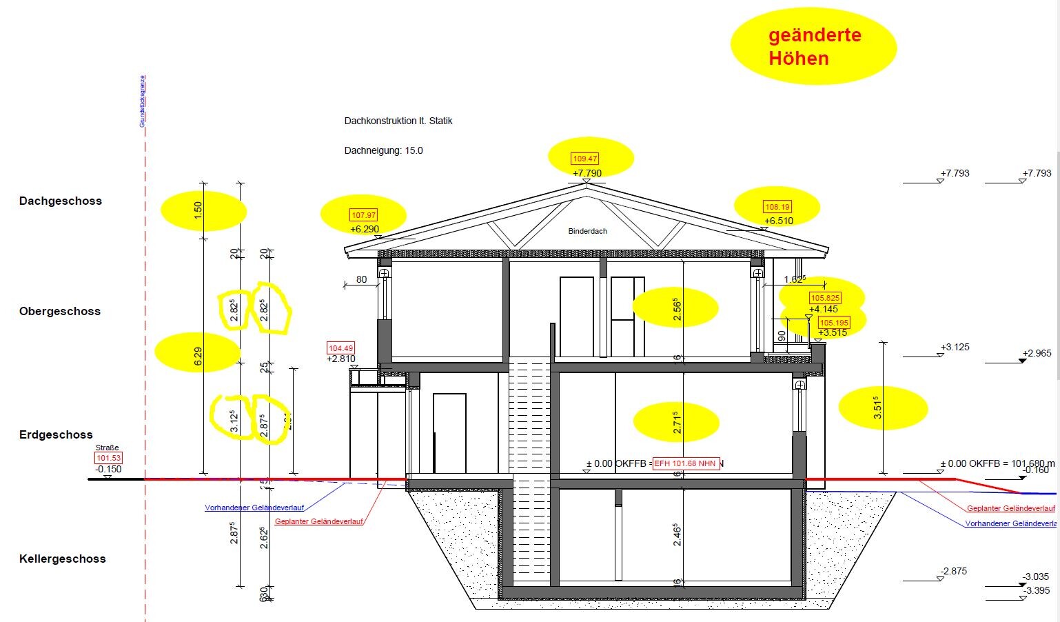 Schnitt durch ein mehrgeschossiges Haus mit Dachkonstruktion, Treppe und Höhenmarkierungen.