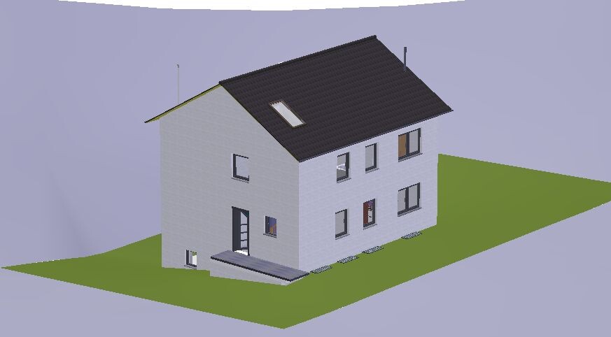 3D-Modell eines weißen Einfamilienhauses mit dunklem Satteldach auf grünem Grundstück